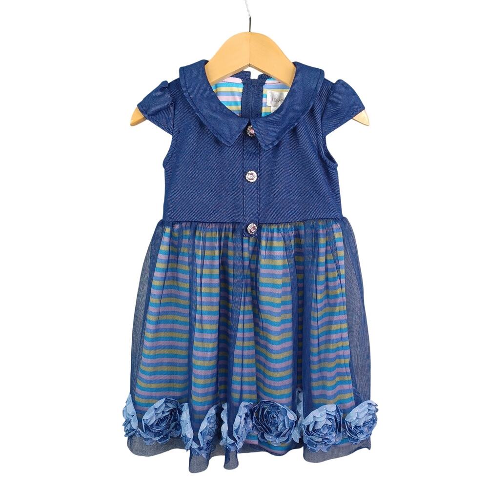 US Angels Girls Mesh‎ Flower Applique Dress Size 2T Blue Knit Striped Coquette